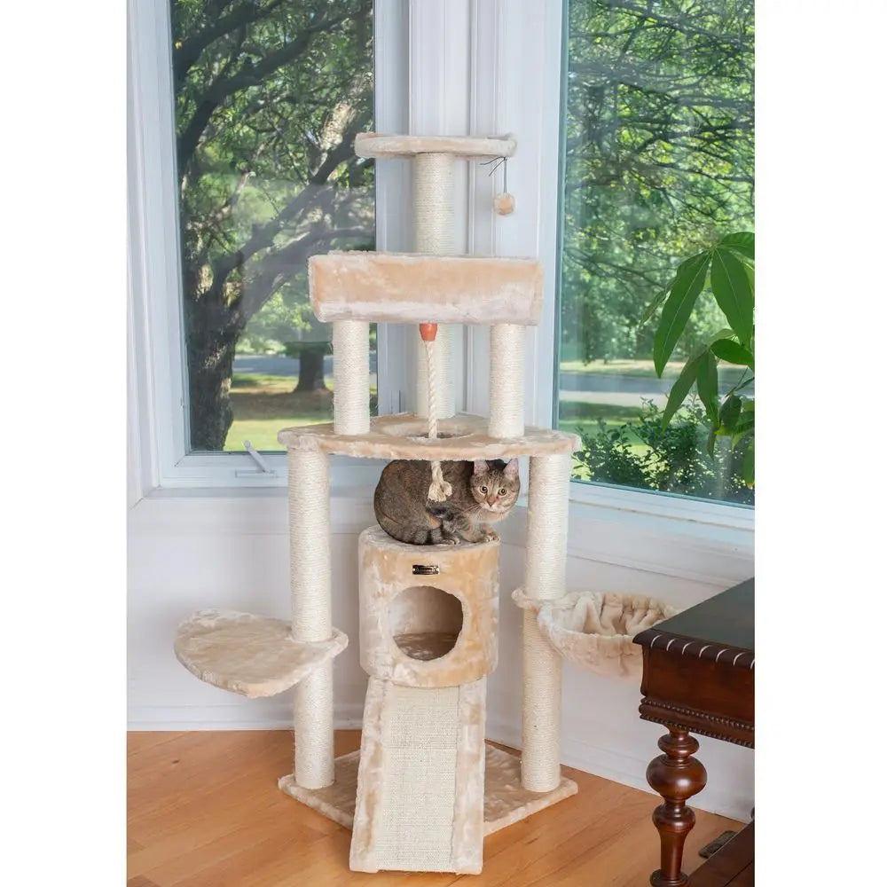 Cat Tower With Basket Lounge Ramp Condo Sisal Rope Wood Base Faux Fur