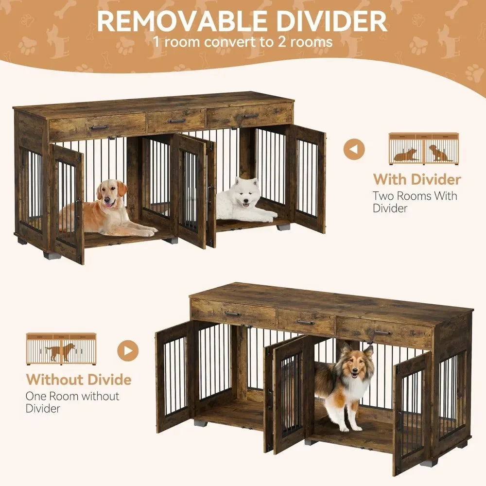Double Dog Crate Furniture With Divider And Drawers