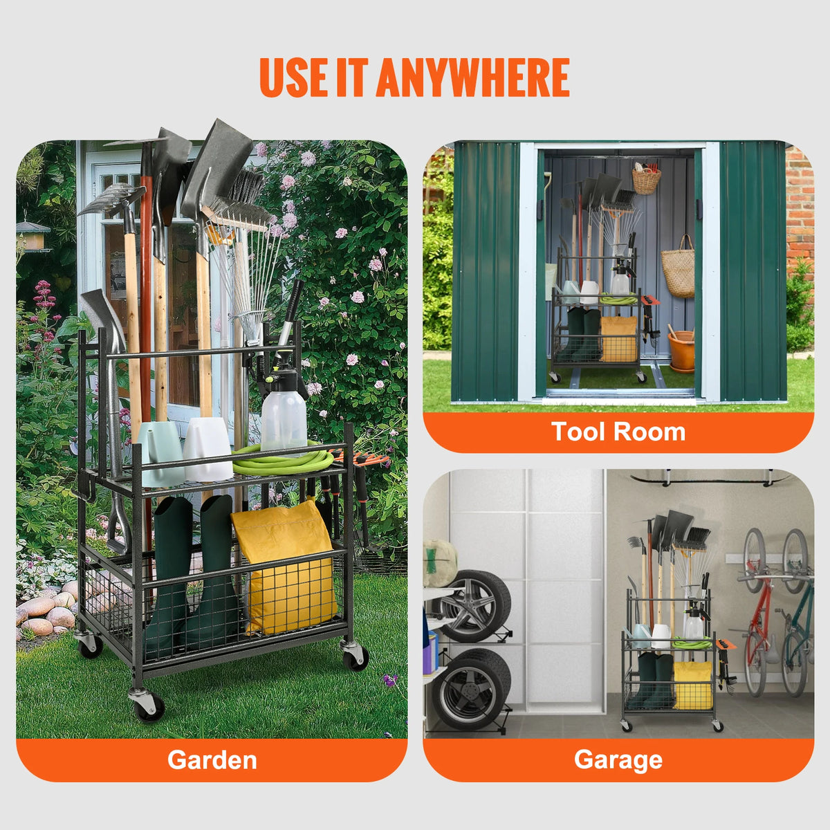 SucceBuy Garden Tool Organizer Tower With Hooks And Wheels