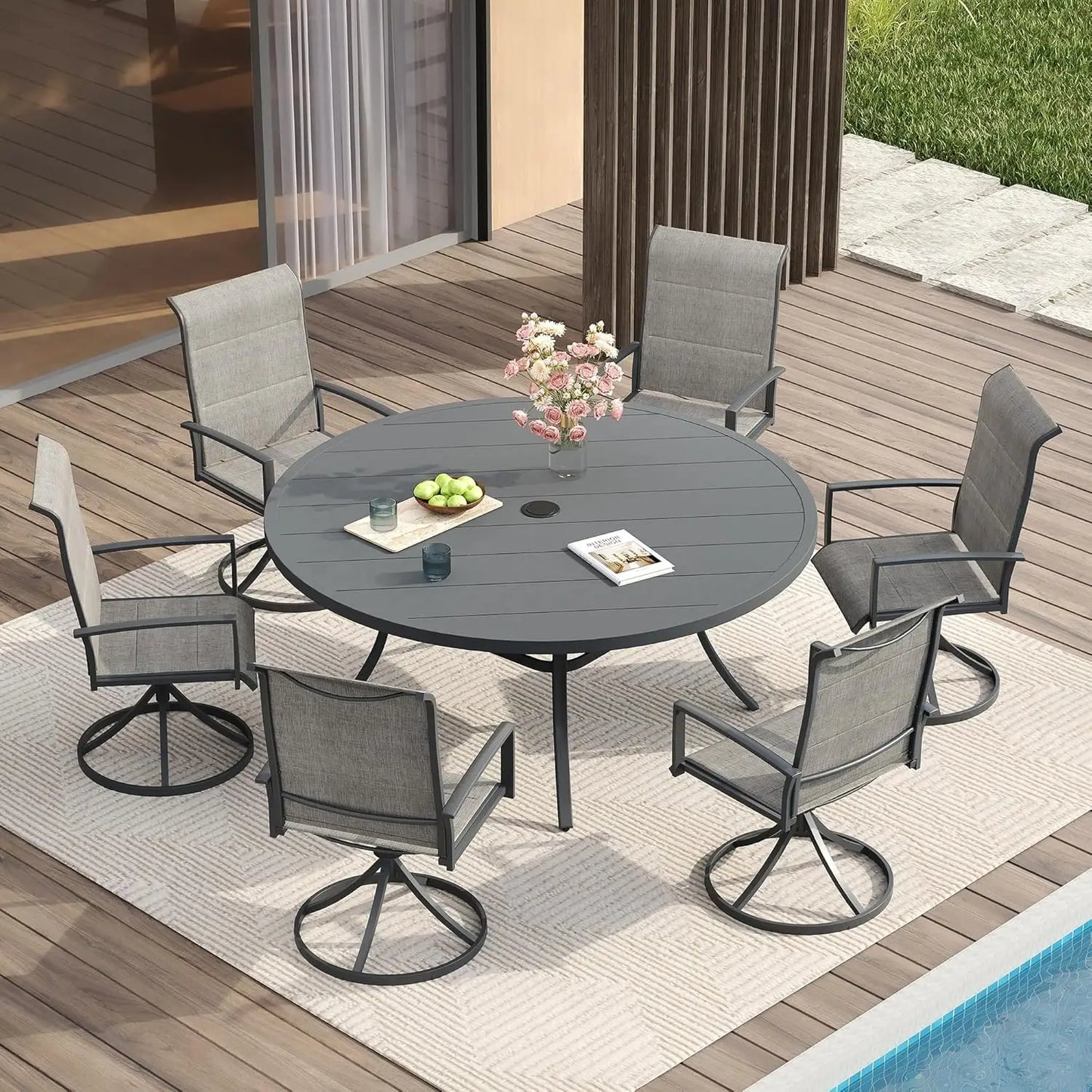 Patio Dining Set for Six Round Table and Swivel Chairs