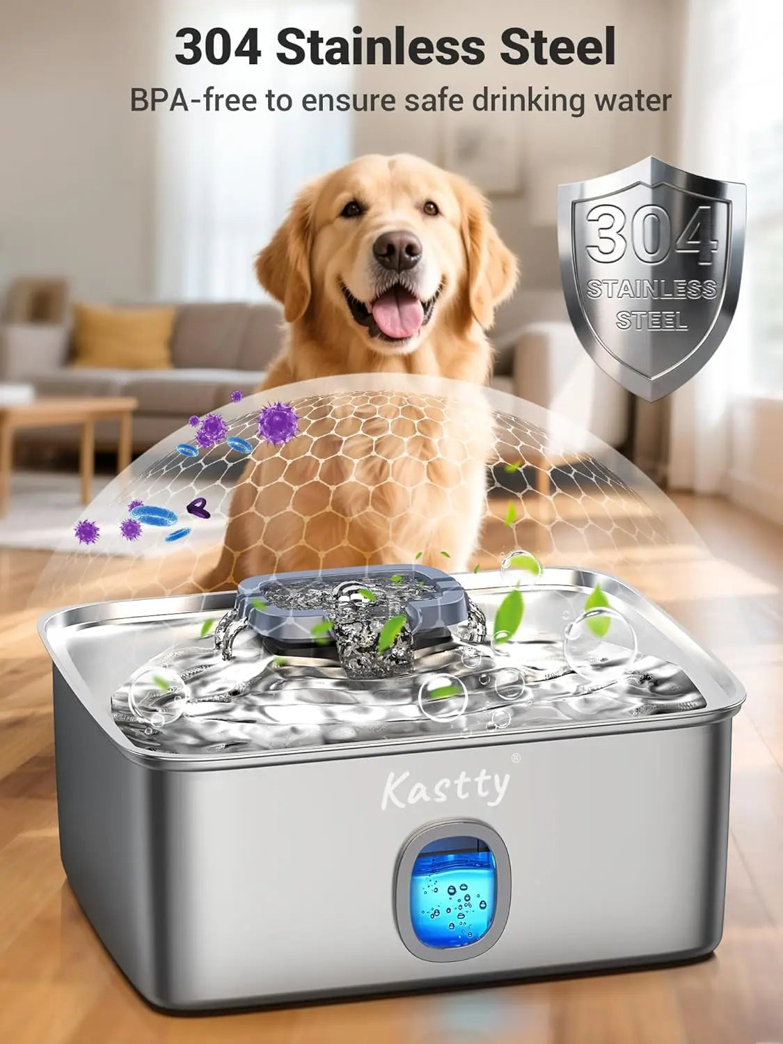 Stainless Steel Dog Water Fountain With Triple Filtration LED