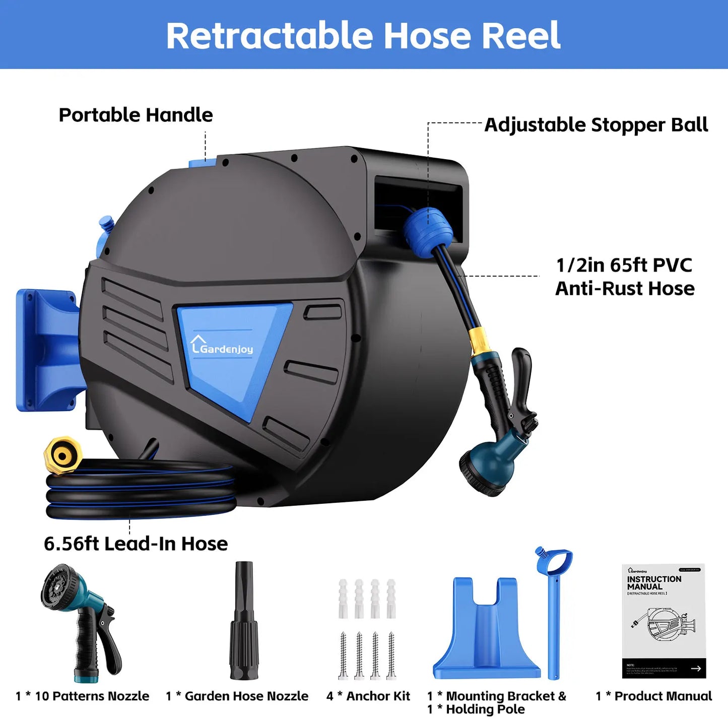 GardenJoy Retractable Hose Reel Wall Mount With Auto Lock