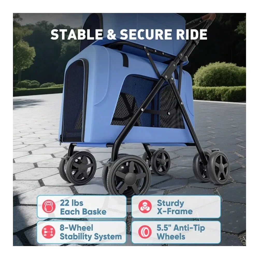 Foldable Double Pet Stroller For Two Small Dogs And Cats