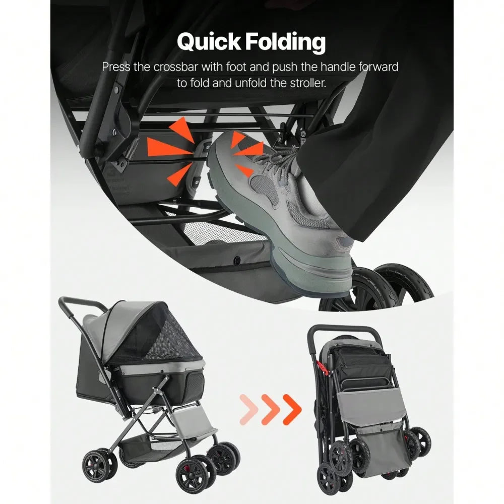 Foldable Dog Stroller Cart With Mesh Windows And Reversible Handle