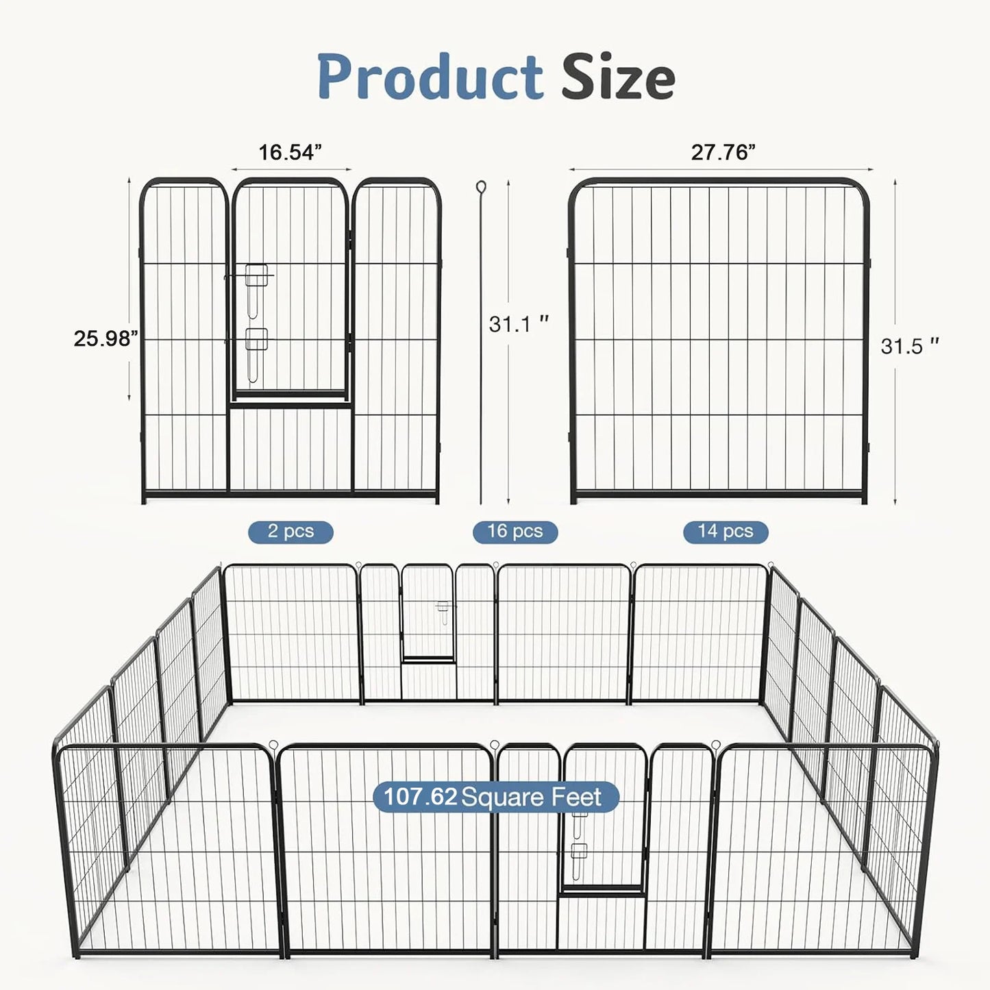 JHK 16-Panel Dog Playpen Metal Fence For Indoor Outdoor Use