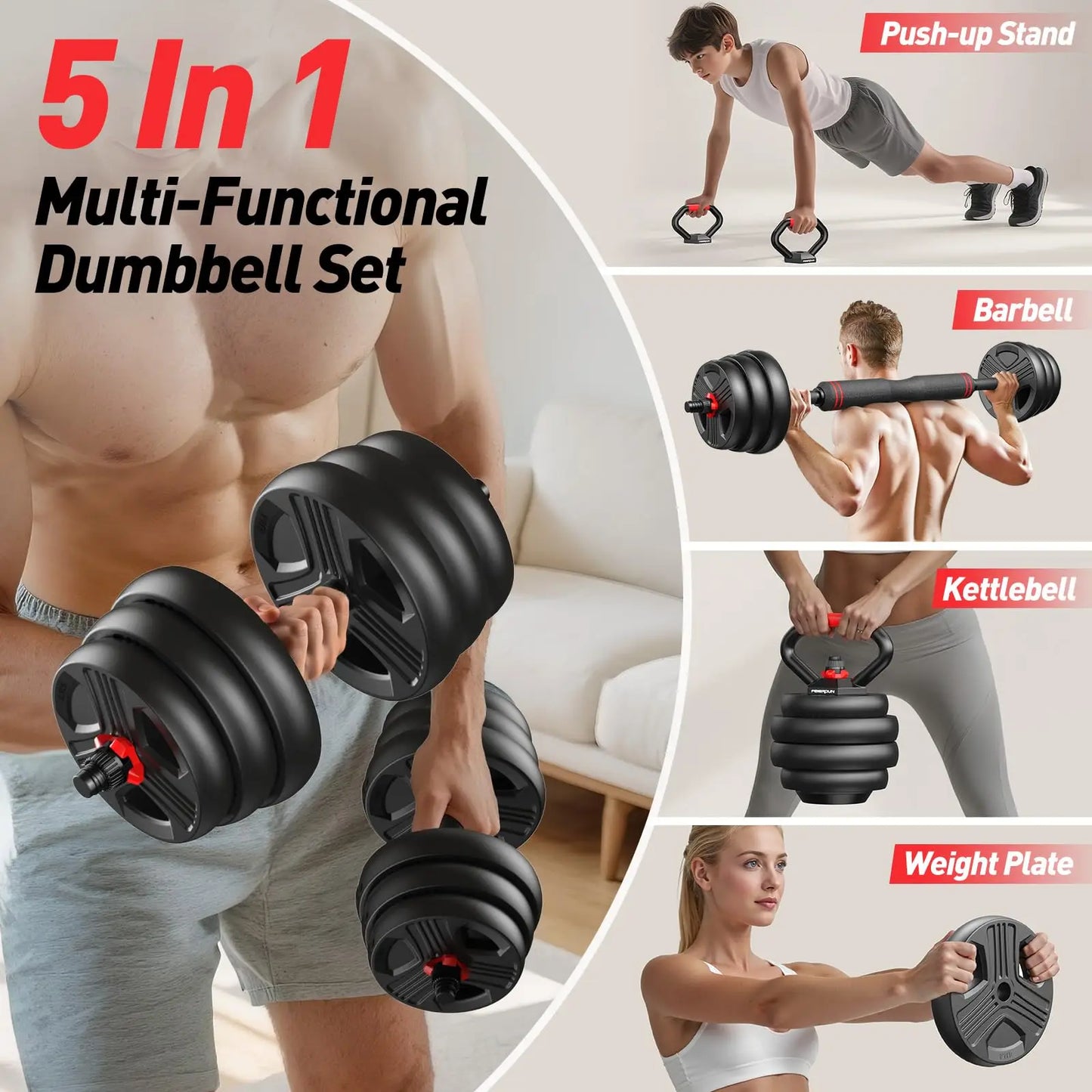 FED Fitness Adjustable 5-in-1 Dumbbell Set with Barbell Conversion