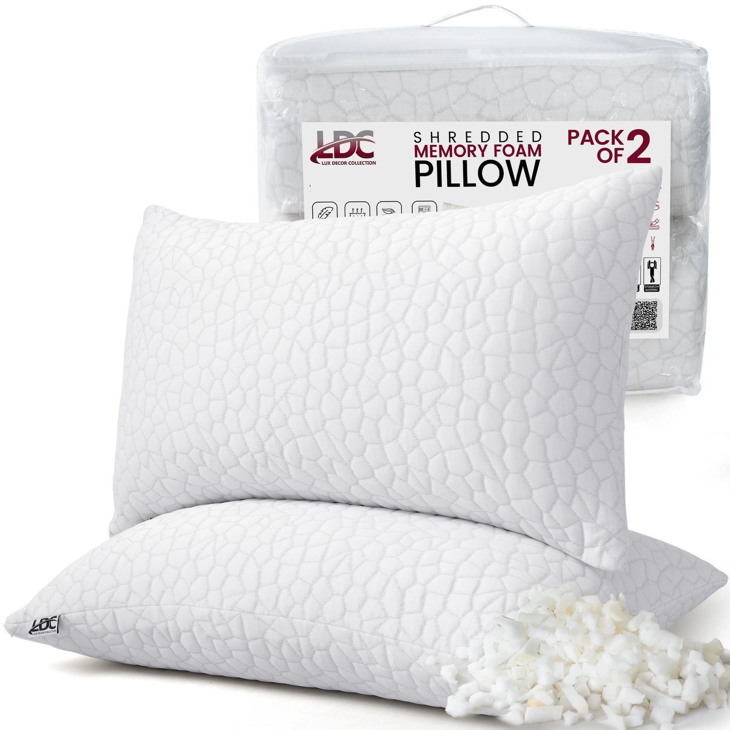 Shredded Memory Foam Pillows 2 Pack Washable Cover