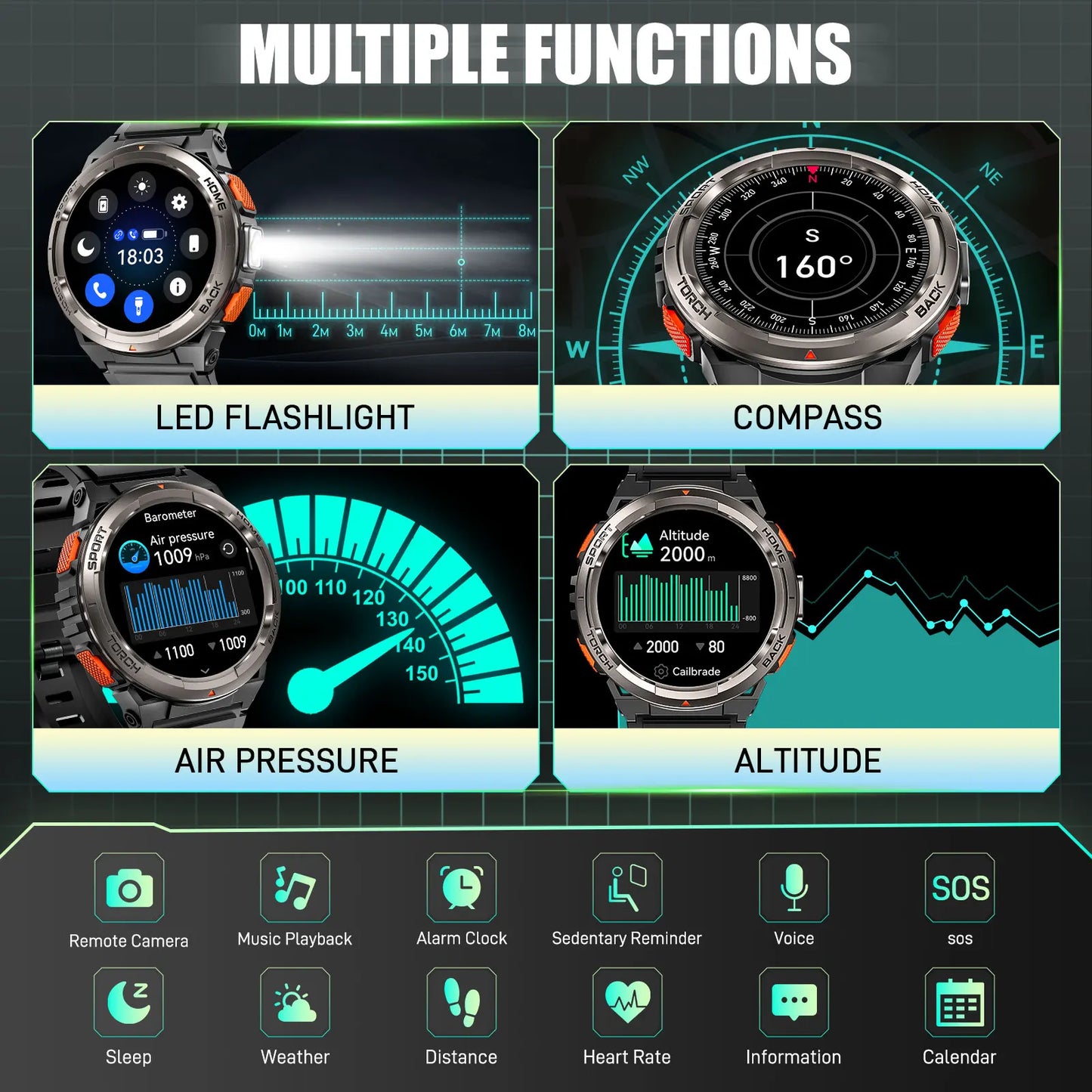EIGIIS KE5 Smartwatch 3ATM Waterproof Compass Altimeter Barometer