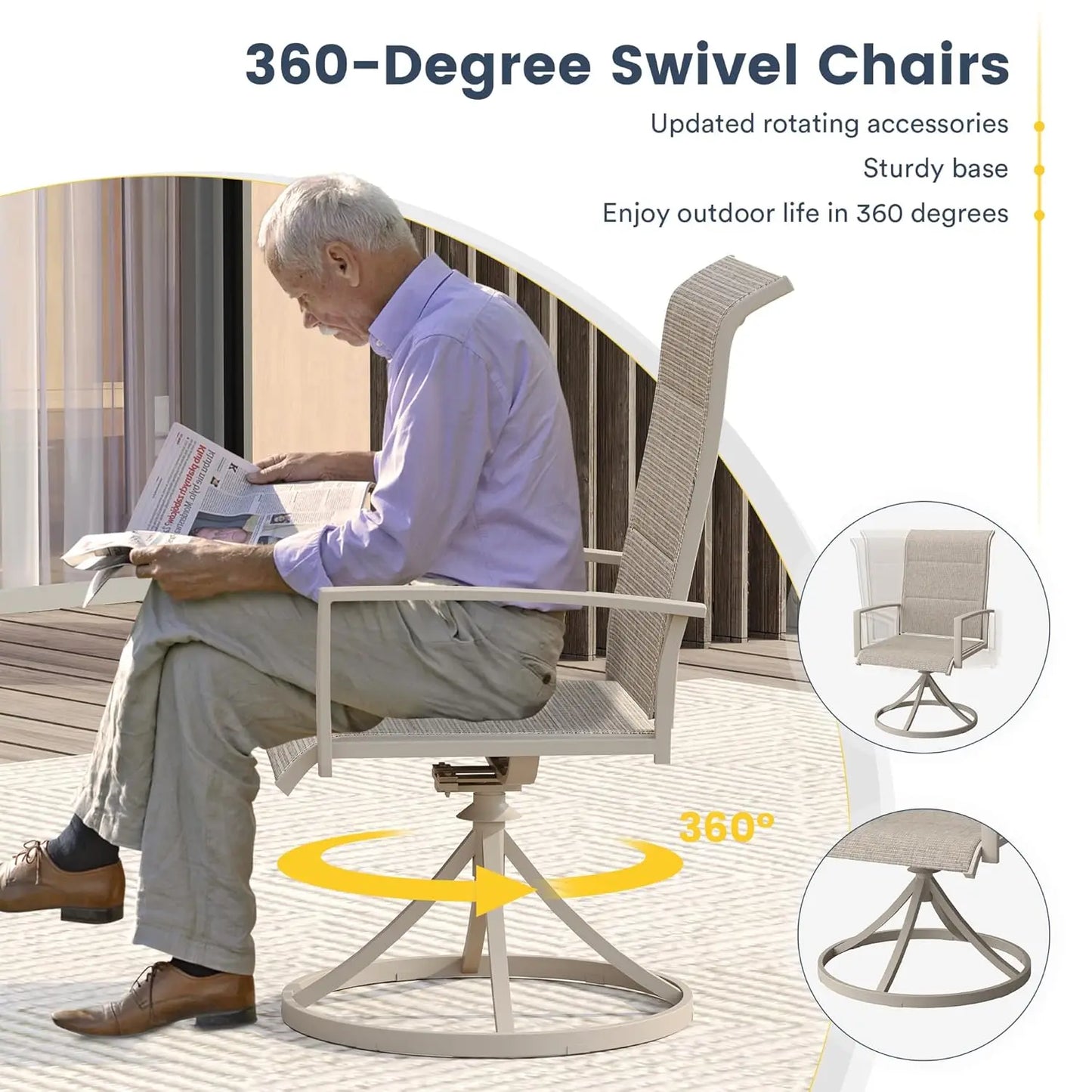 Patio Dining Set for Six Round Table and Swivel Chairs