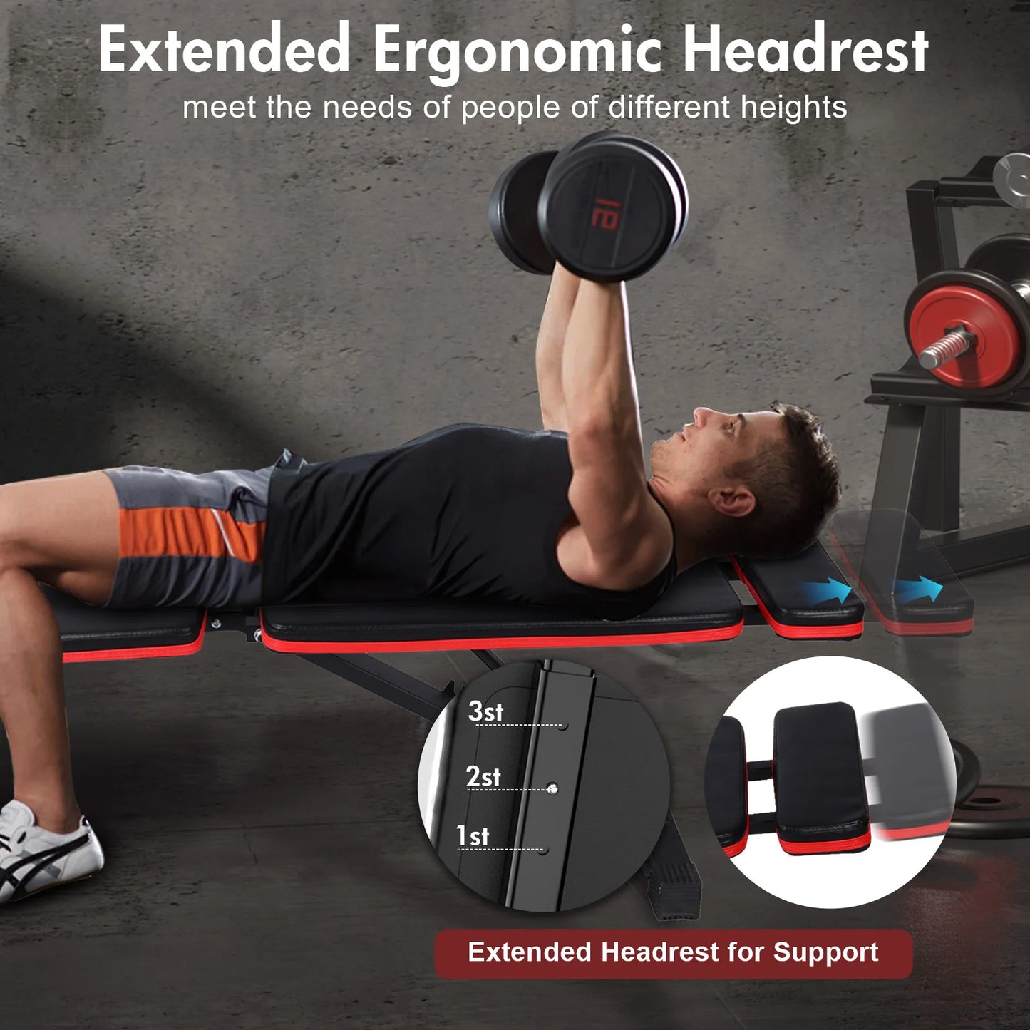 Foldable 7 Level Weight Bench With Adjustable Headrest For Strength Training