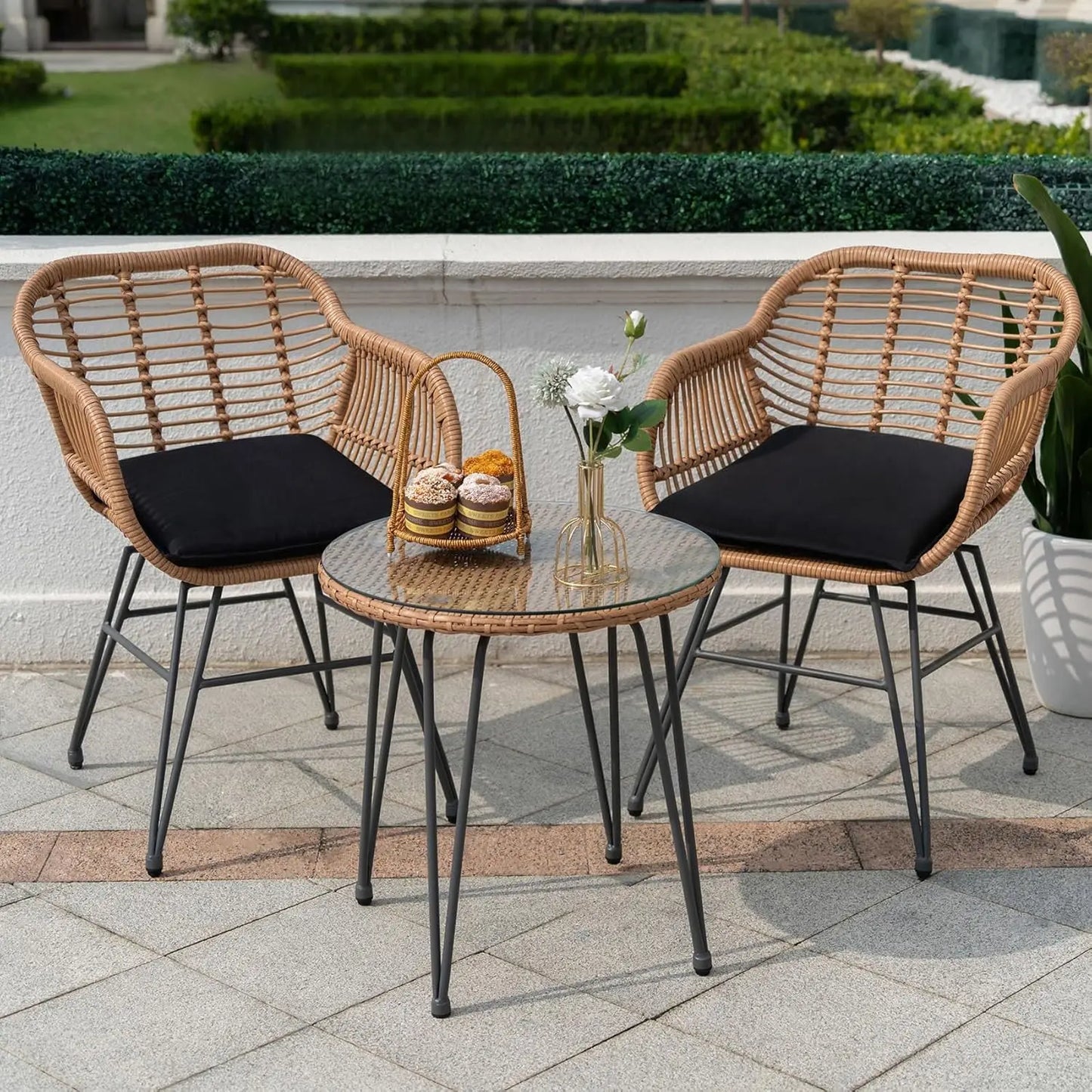 Outdoor Rattan Bistro Set 3-Piece Cushioned Conversation Set