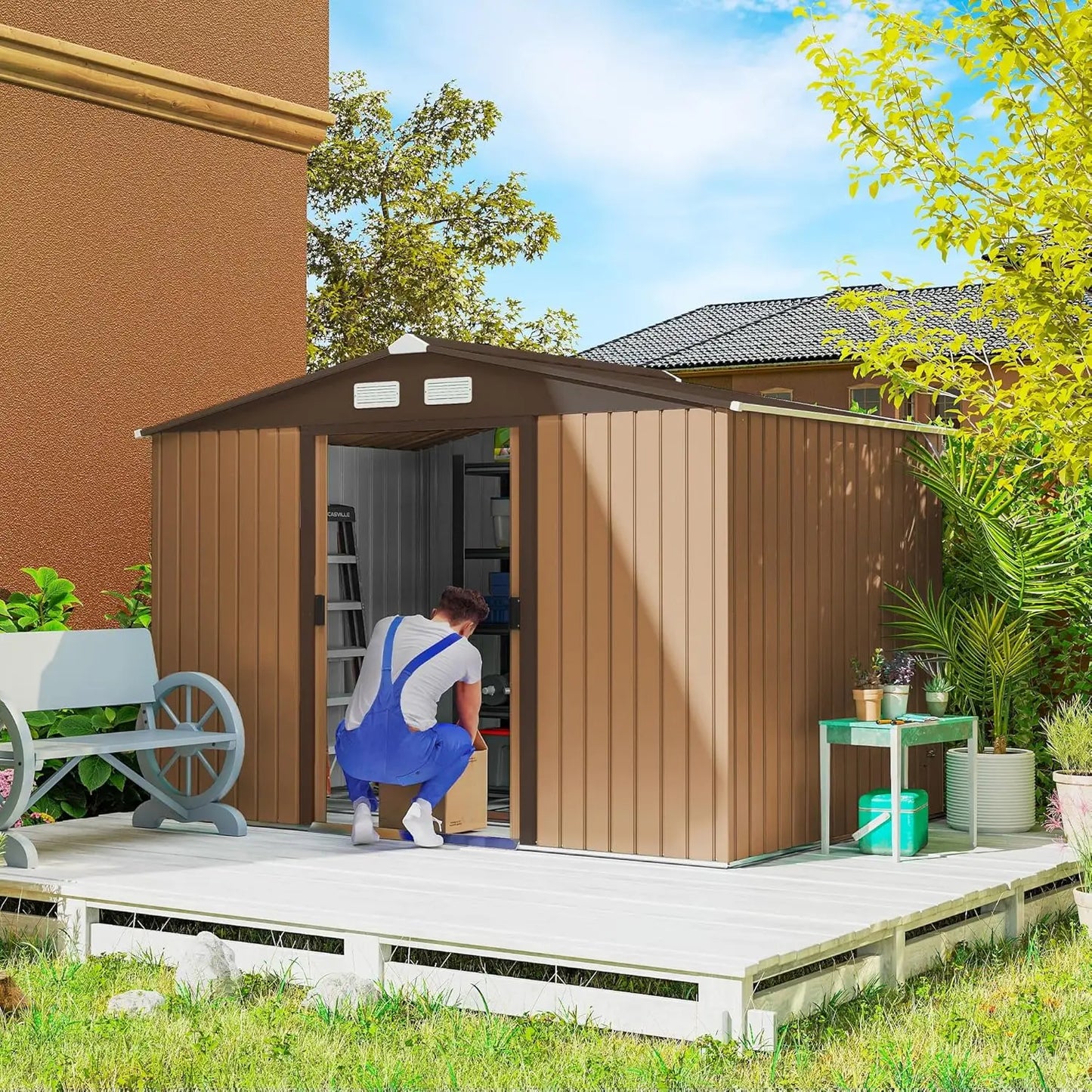 Metal Outdoor Storage Shed Sloping Roof With Double Lockable Doors