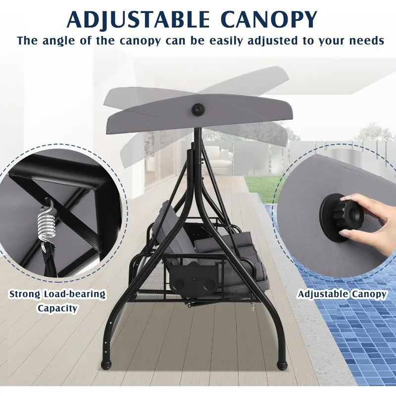 Abo Outdoor Porch Swing With Canopy Cup Holder 3 Seat