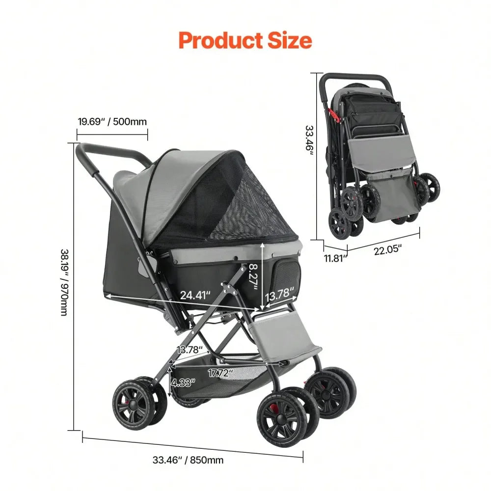 Foldable Dog Stroller Cart With Mesh Windows And Reversible Handle