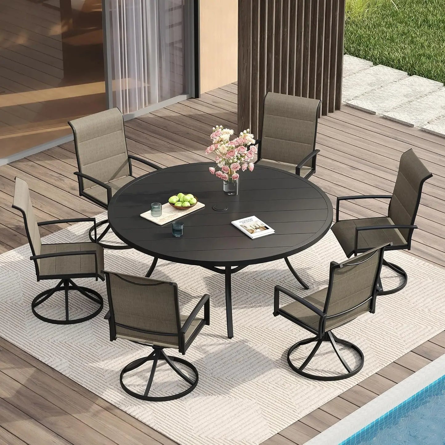 Patio Dining Set for Six Round Table and Swivel Chairs