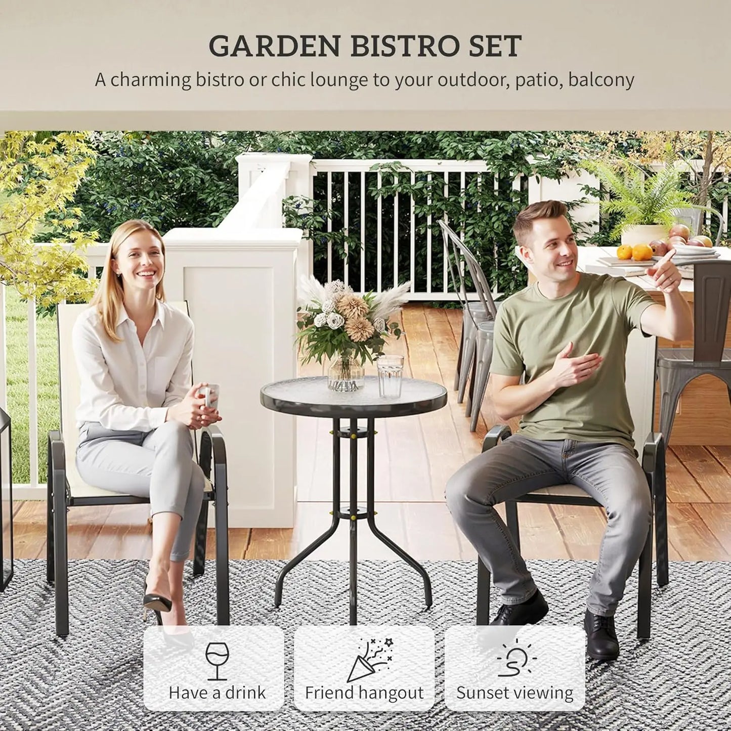 Outdoor 3 Piece Stackable Mesh Bistro Set With Glass Table