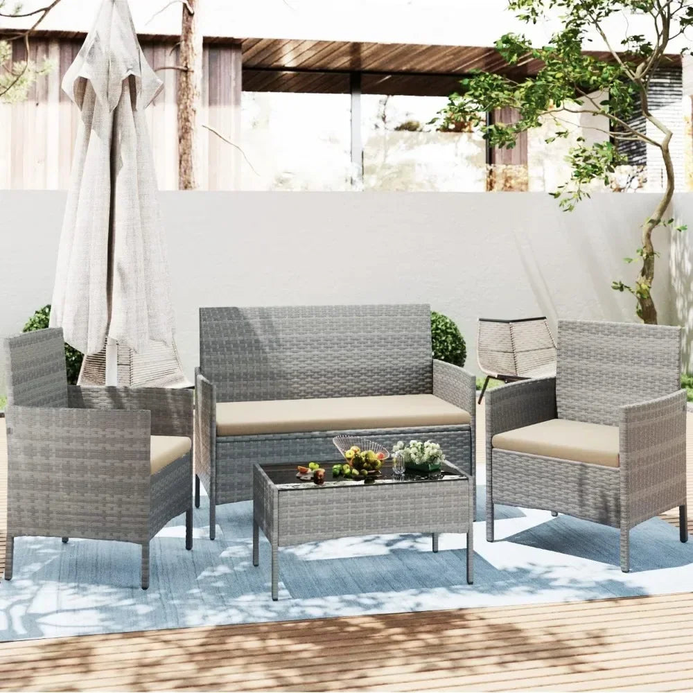 Outdoor Rattan 4-Piece Conversation Set For Patio Garden Balcony