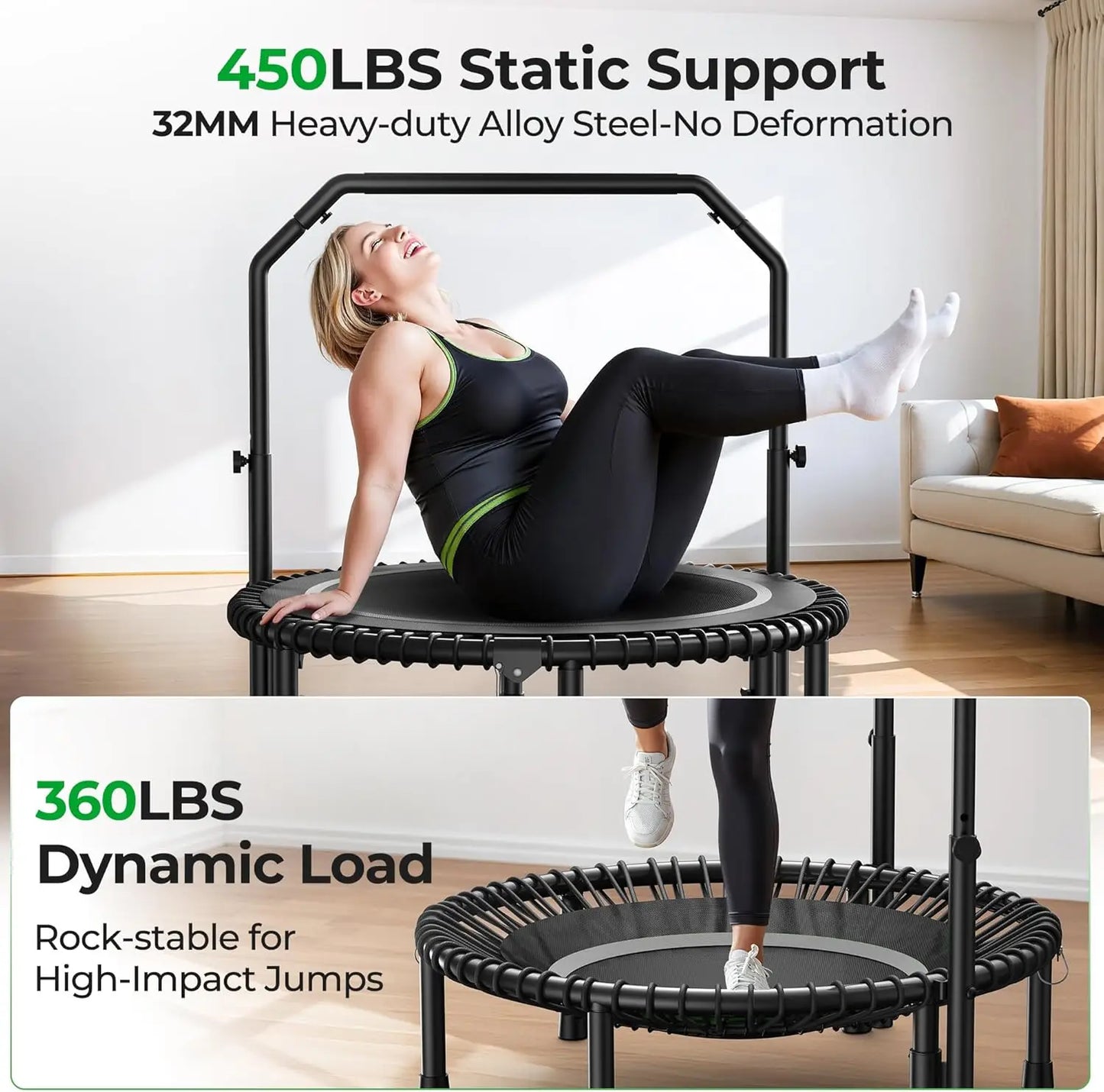 BCAN Mini Rebounder Trampoline With Adjustable Handle For Full Body