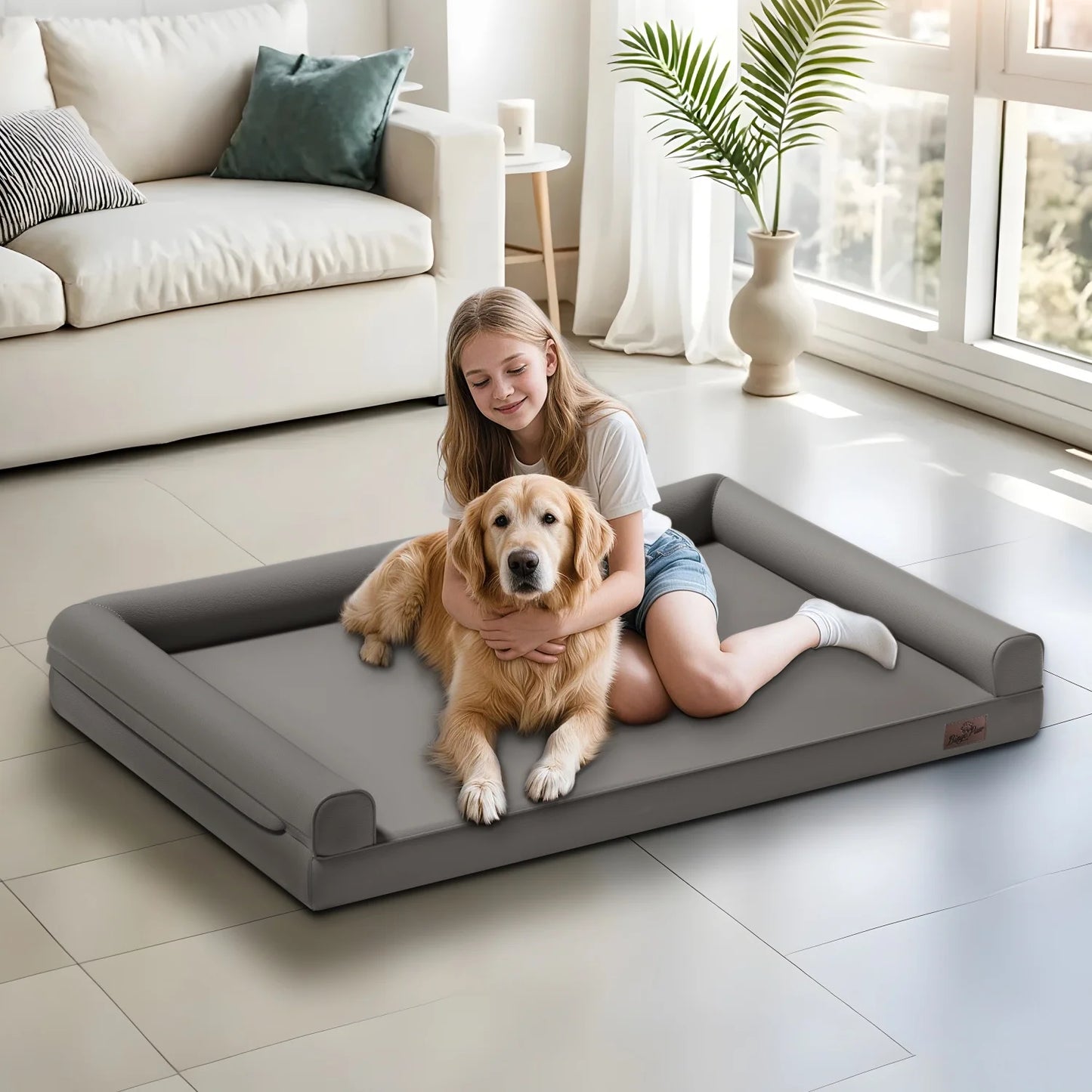 BINGOPAWCN Indoor Orthopedic Dog Bed With Supportive Bolster Pillow