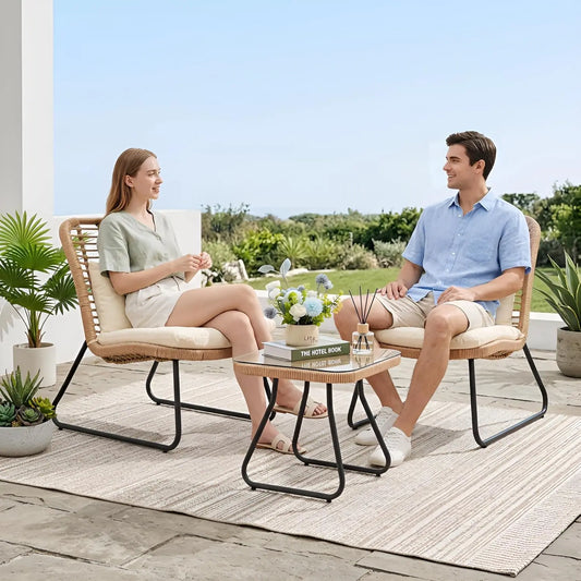Outdoor Rattan Bistro Set 3-Piece Cushioned Conversation Set