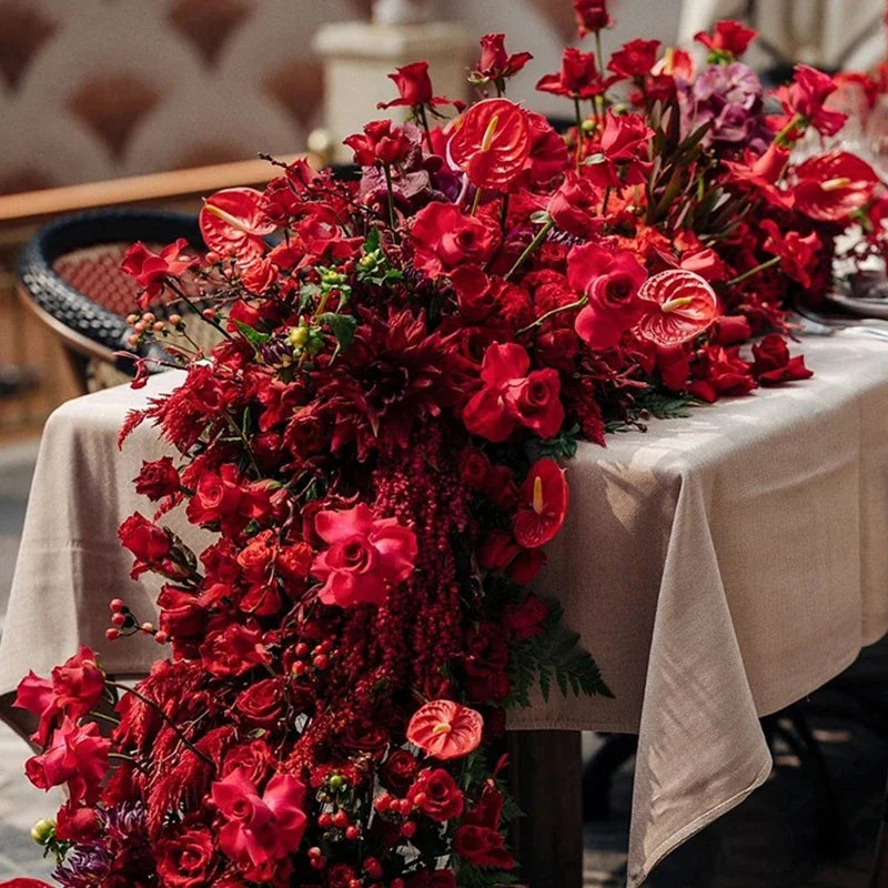 Artificial 5D Red Rose Anthurium Table Runner Centerpiece for Weddings
