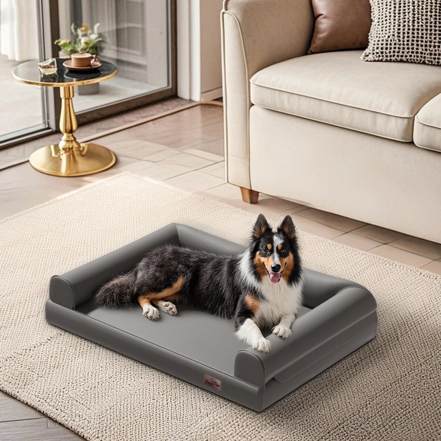 BINGOPAWCN Indoor Orthopedic Dog Bed With Supportive Bolster Pillow