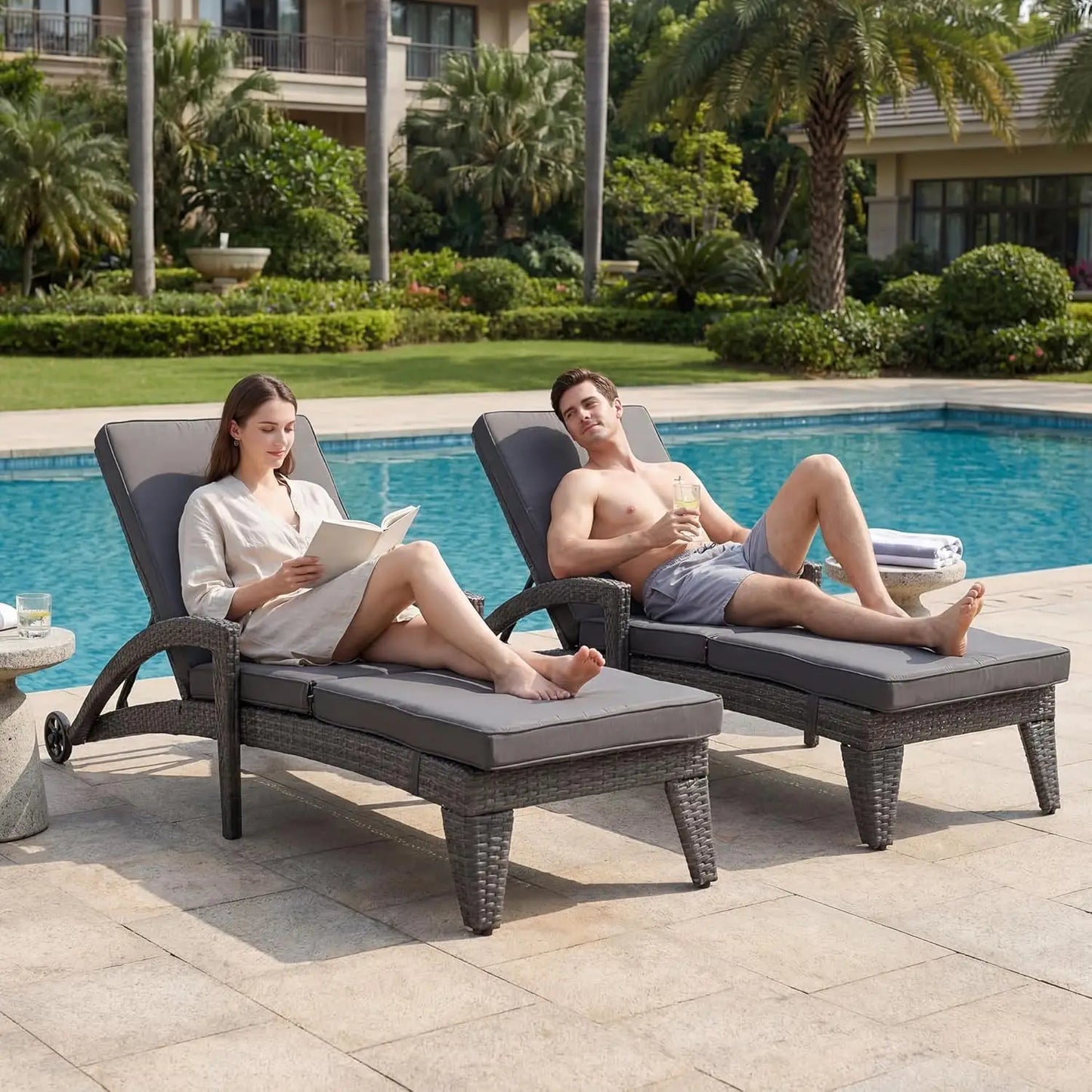 Two 5-Position Adjustable Upholstered Chaise Lounges Outdoor Wicker Set