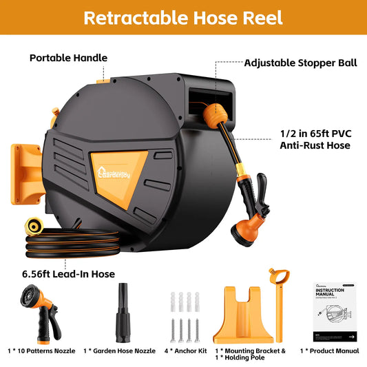 GardenJoy Retractable Hose Reel Wall Mount With Auto Lock