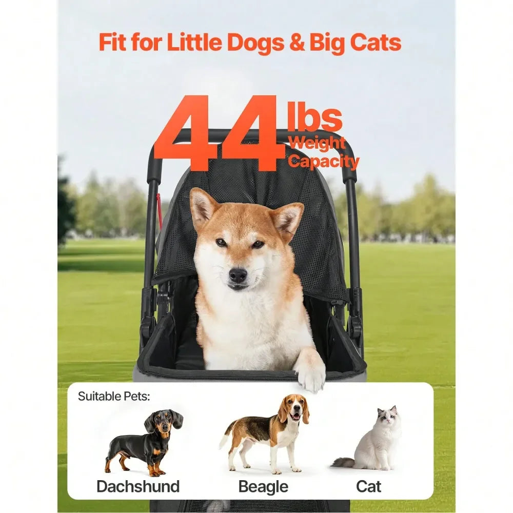 Foldable Dog Stroller Cart With Mesh Windows And Reversible Handle