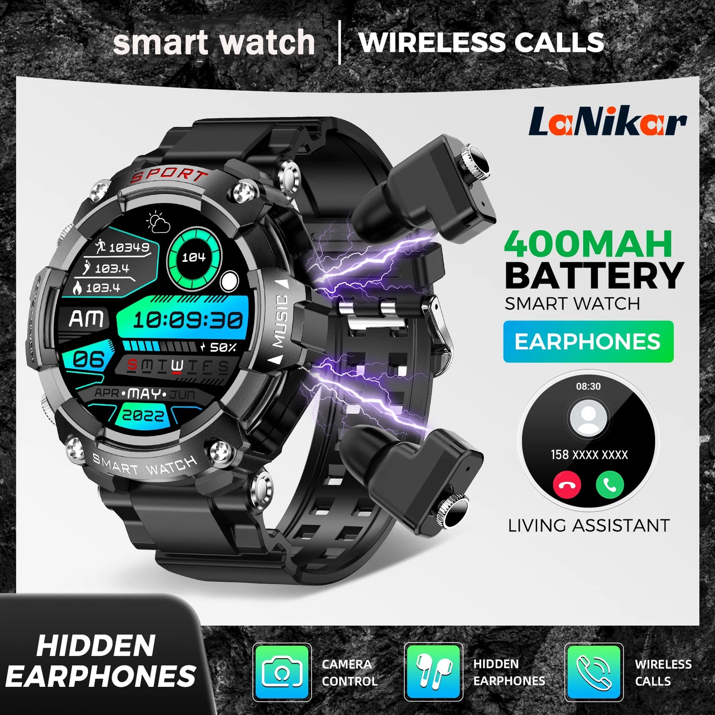 LaNikar Smart Watch With AMOLED Display And In-Ear Bluetooth Headset