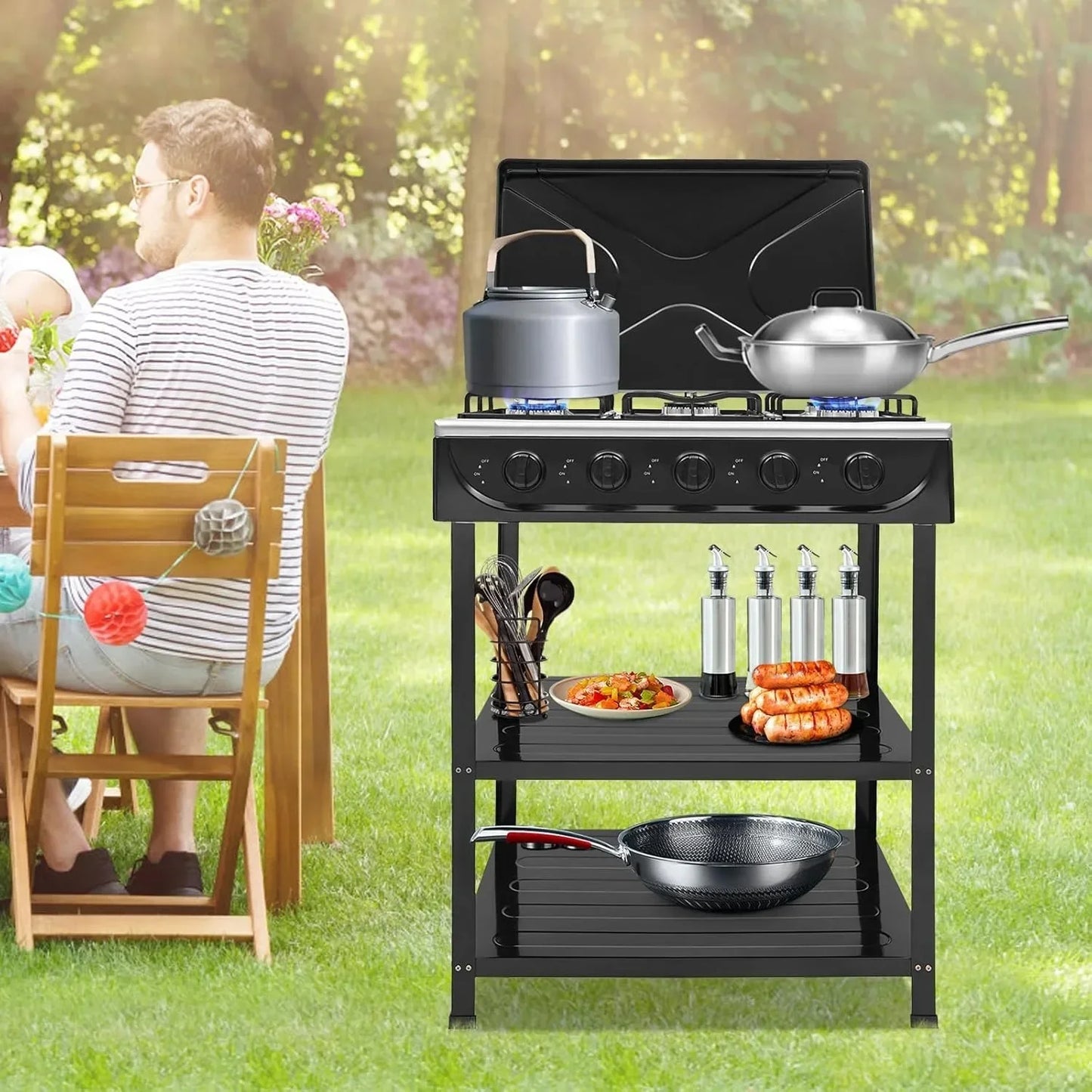 Portable Five Burner Gas Stove With Stand Manual Ignition Wind Shield