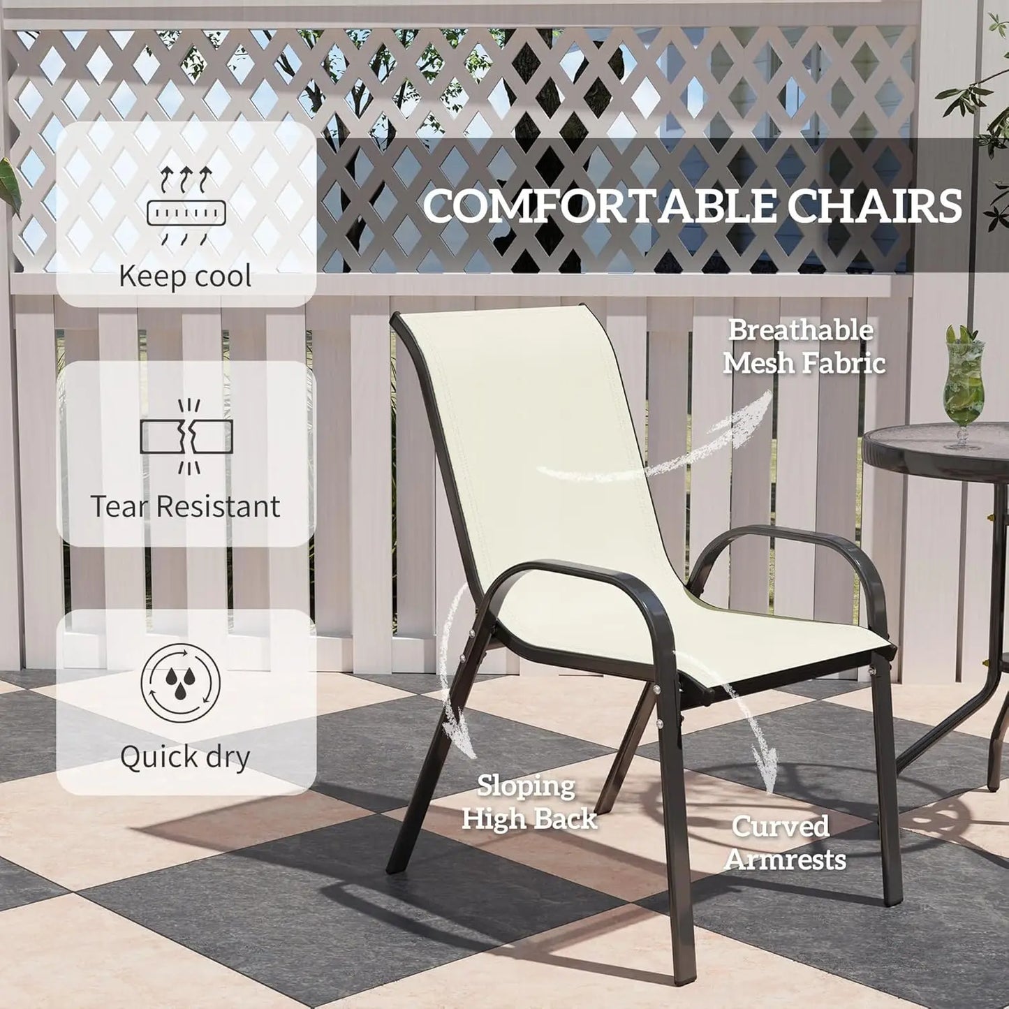 Outdoor 3 Piece Stackable Mesh Bistro Set With Glass Table