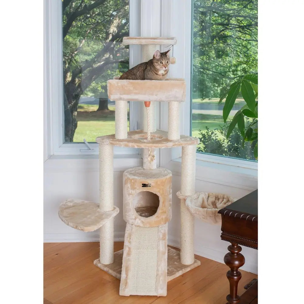 Cat Tower With Basket Lounge Ramp Condo Sisal Rope Wood Base Faux Fur