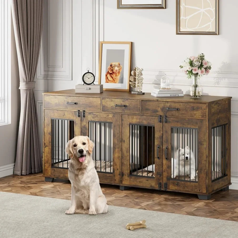 Double Dog Crate Furniture With Divider And Drawers