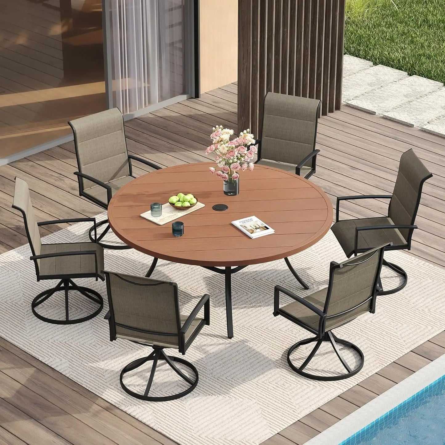 Patio Dining Set for Six Round Table and Swivel Chairs