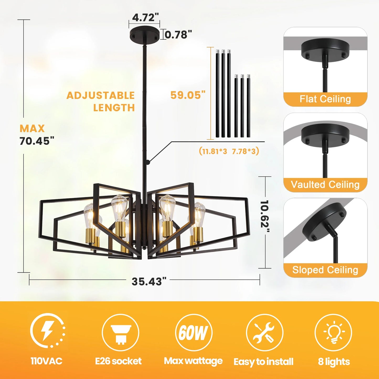 Modern Geometric 8 Light Adjustable Chandelier For Dining Area