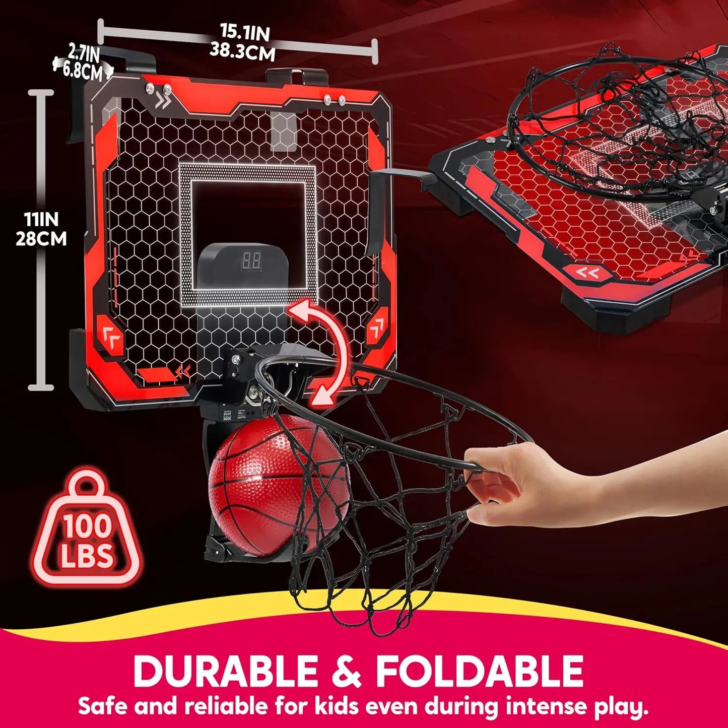 Joyfy Mini Indoor Basketball Hoop Over The Door With LED Light Scoreboard