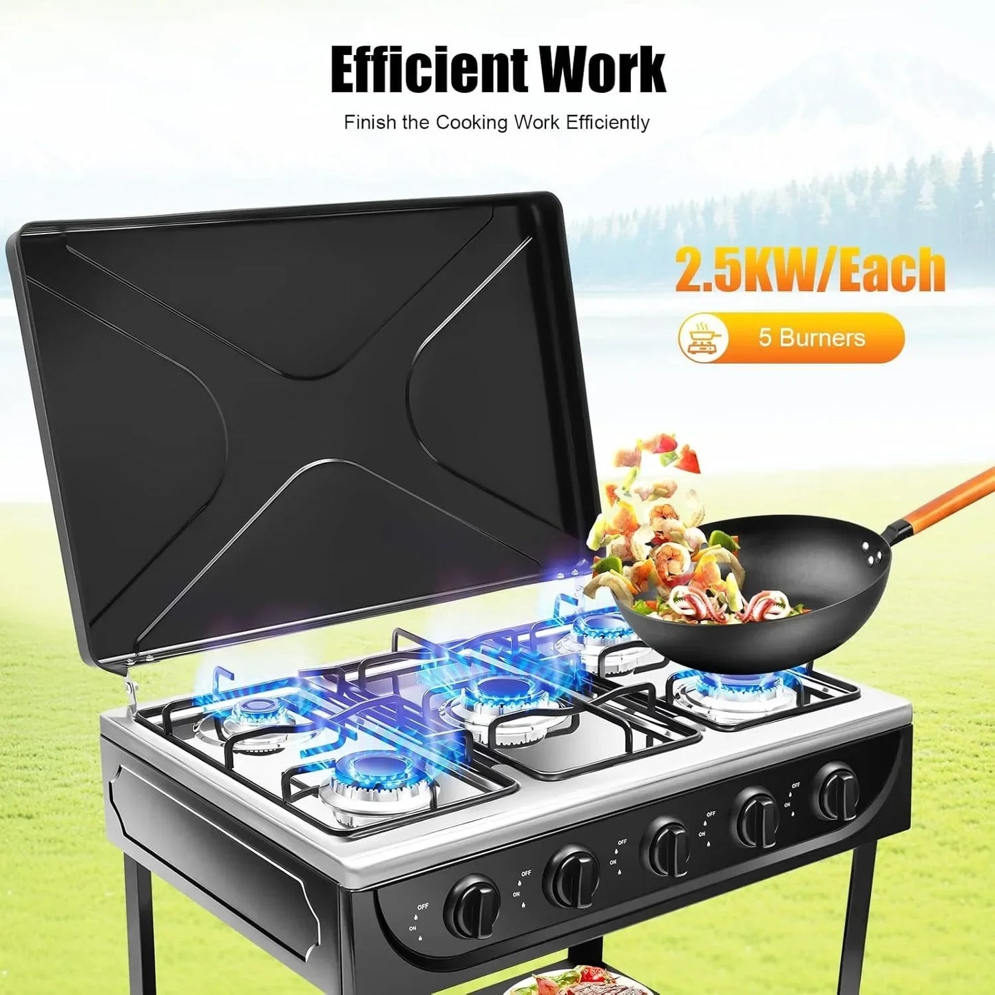 Portable Five Burner Gas Stove With Stand Manual Ignition Wind Shield