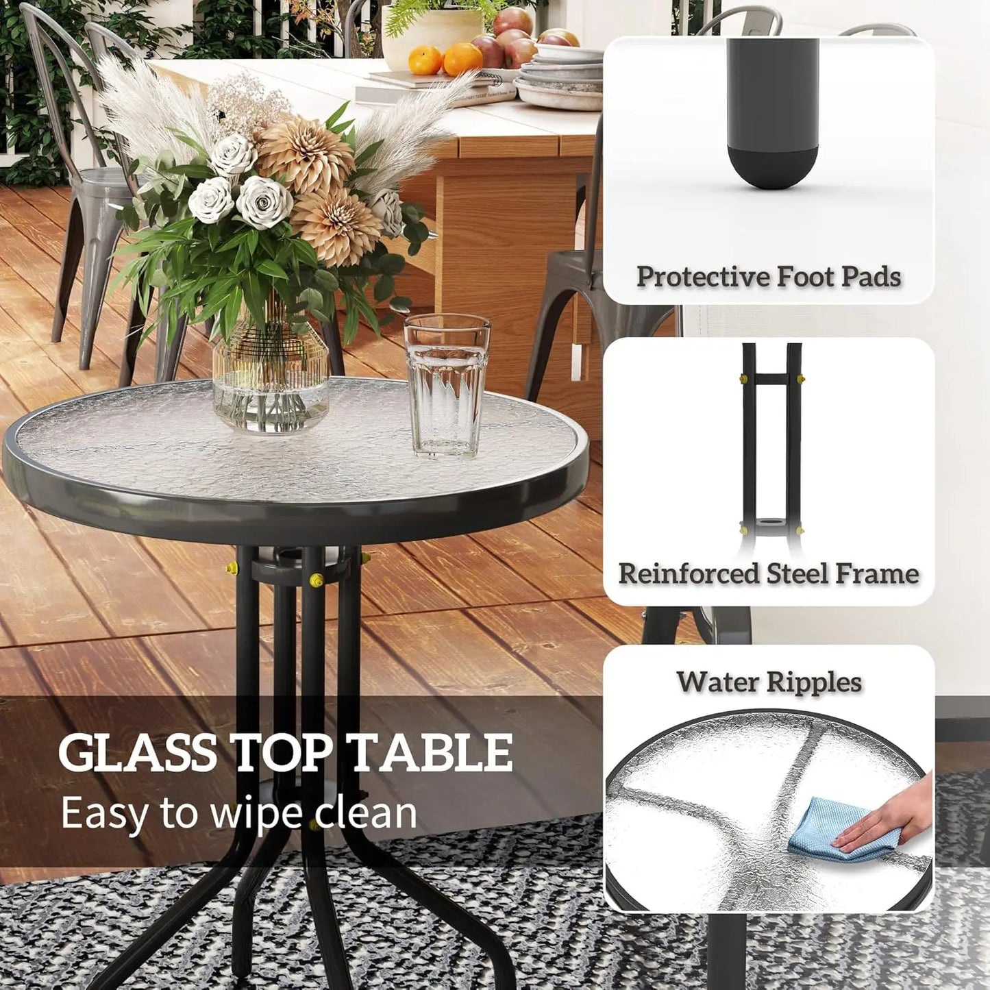 Outdoor 3 Piece Stackable Mesh Bistro Set With Glass Table