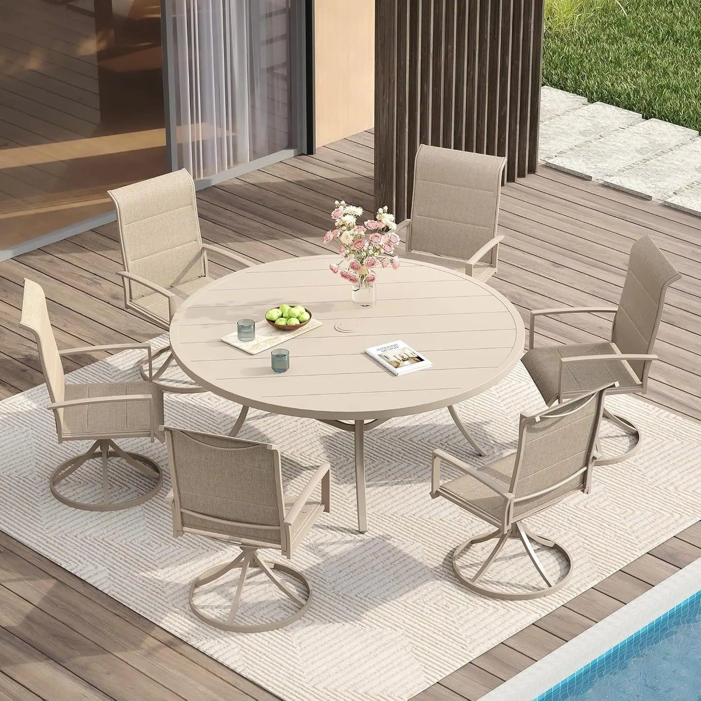 Patio Dining Set for Six Round Table and Swivel Chairs