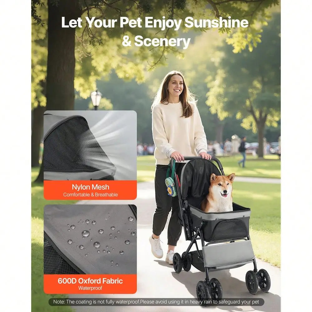 Foldable Dog Stroller Cart With Mesh Windows And Reversible Handle