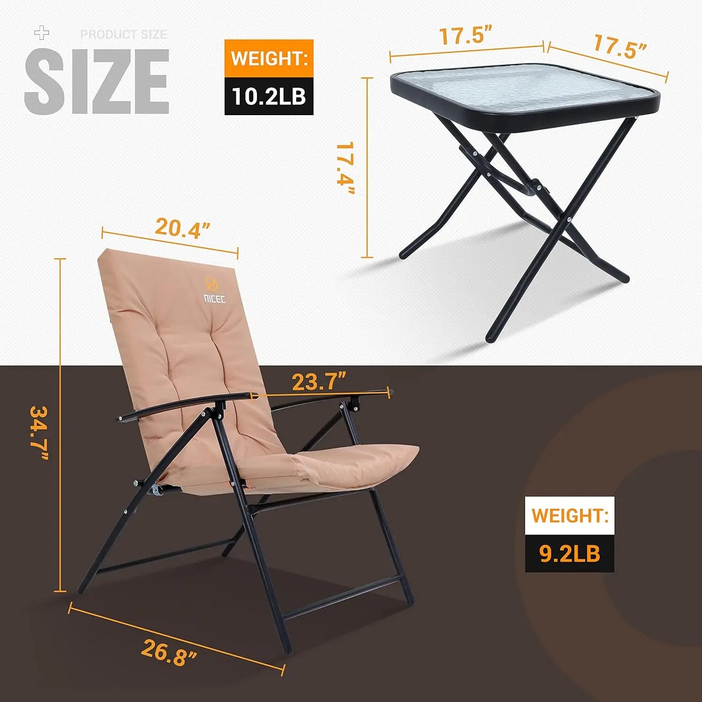 Three Piece Patio Bistro Set Foldable Glass Table Chairs Garden
