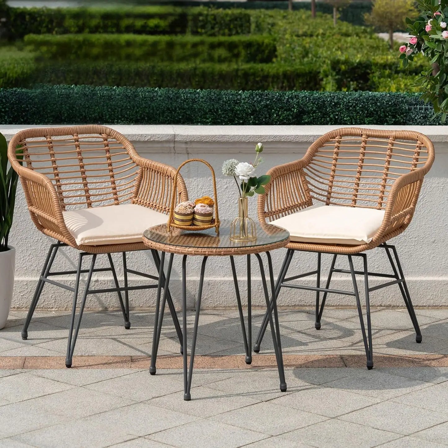 Outdoor Rattan Bistro Set 3-Piece Cushioned Conversation Set