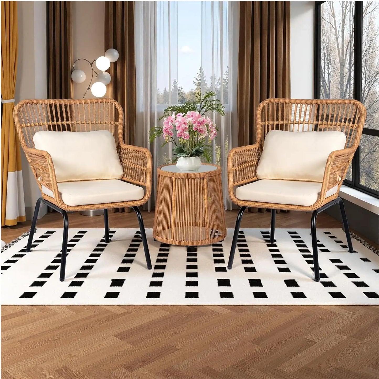 Outdoor Rattan Bistro Set 3-Piece Cushioned Conversation Set