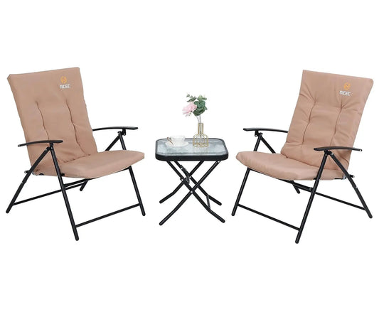 Three Piece Patio Bistro Set Foldable Glass Table Chairs Garden