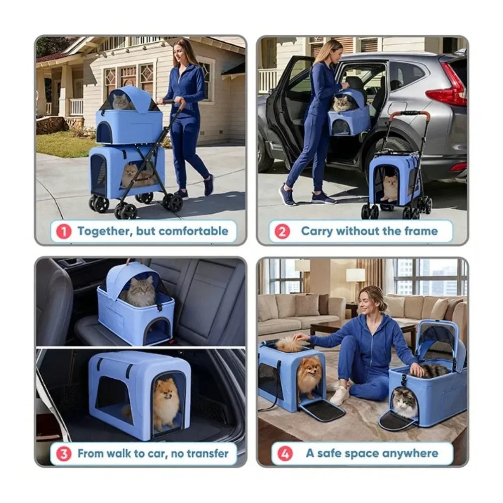 Foldable Double Pet Stroller For Two Small Dogs And Cats