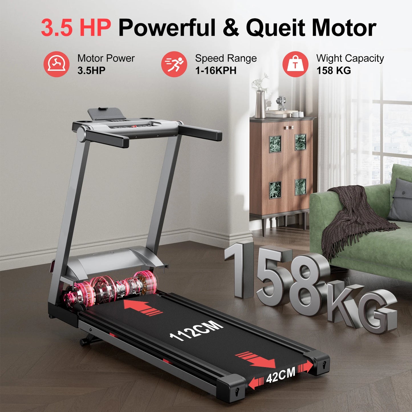 Superun 3.5HP Foldable Incline Treadmill With Bluetooth App Monitoring