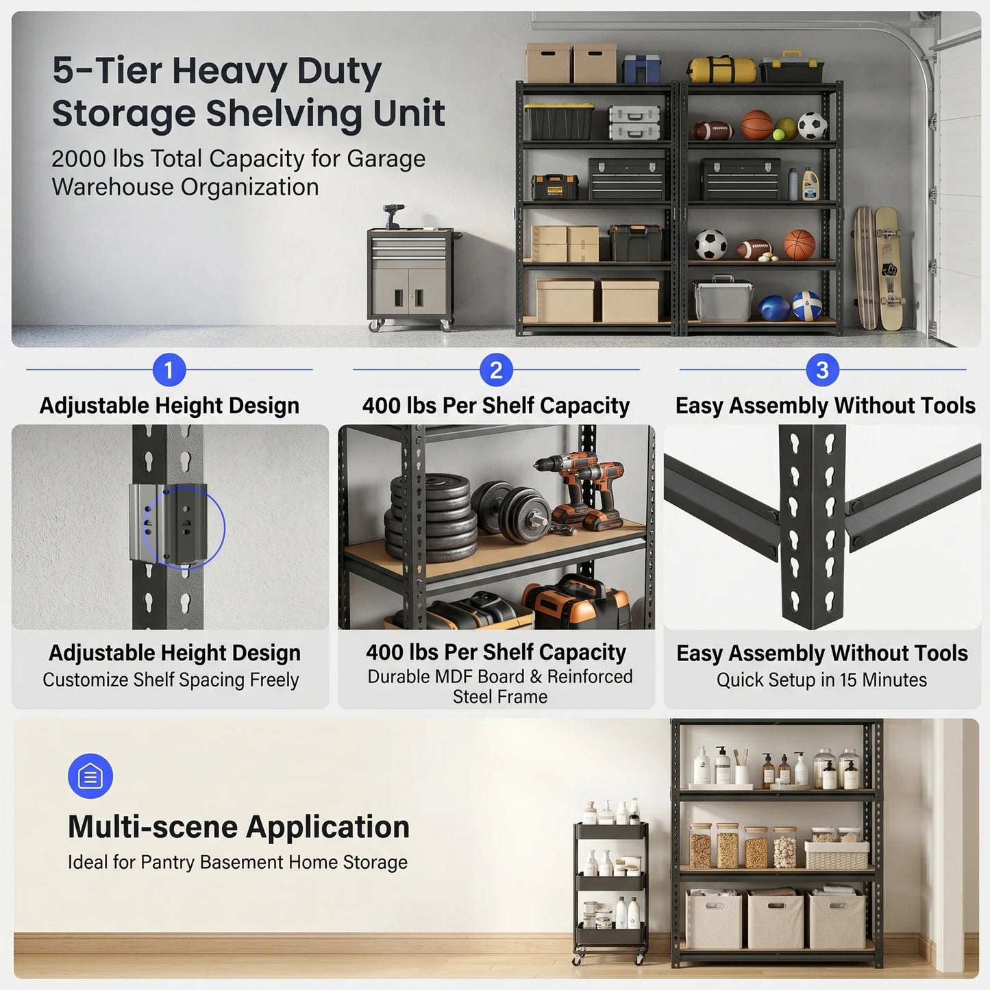 Heavy Duty Metal Storage Shelves, Adjustable Five Tier Unit For Garage