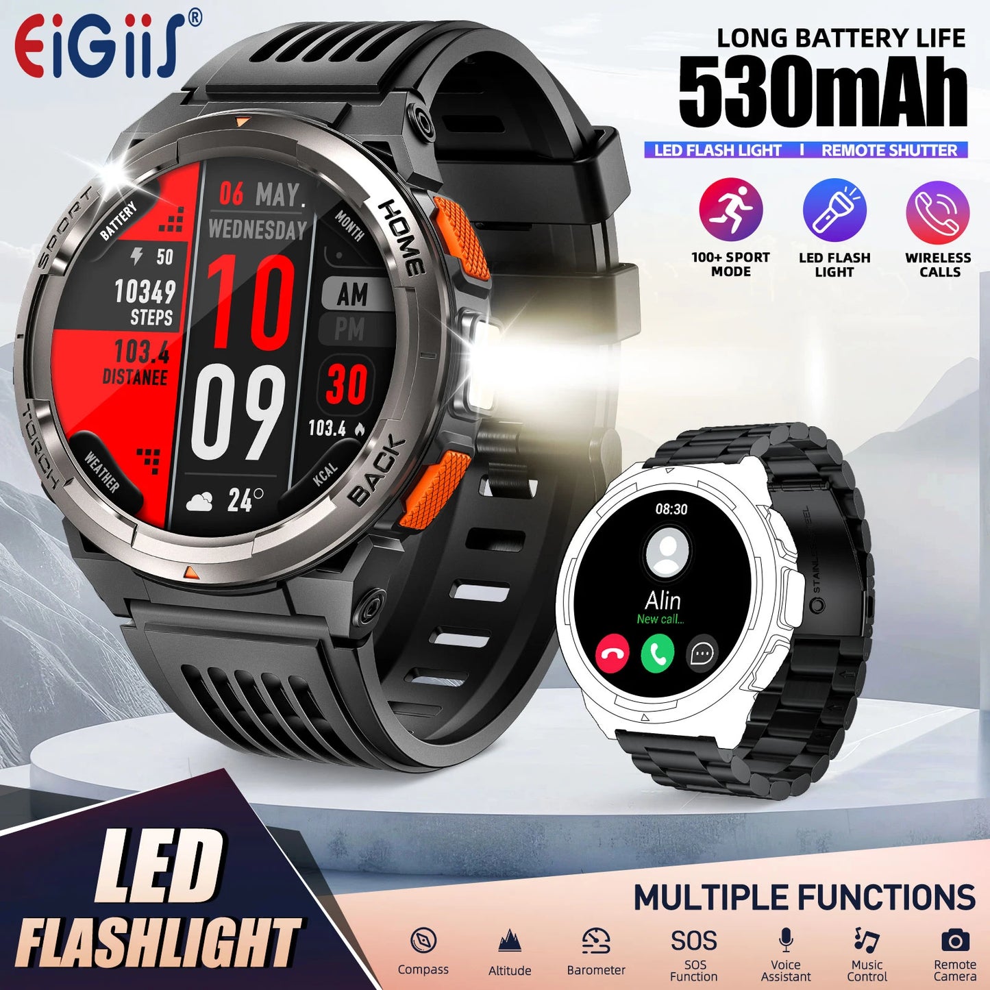 EIGIIS KE5 Smartwatch 3ATM Waterproof Compass Altimeter Barometer