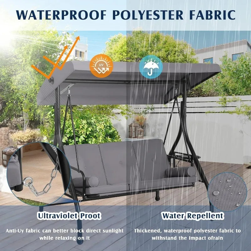 Abo Outdoor Porch Swing With Canopy Cup Holder 3 Seat